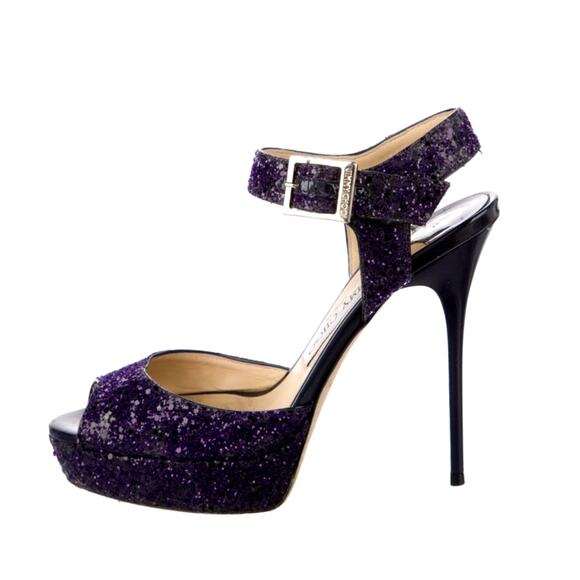 Jimmy Choo 6.5 Coarse Glitter Platform Sandals Stiletto Linda Heels Purple 36.5 - Picture 1 of 10